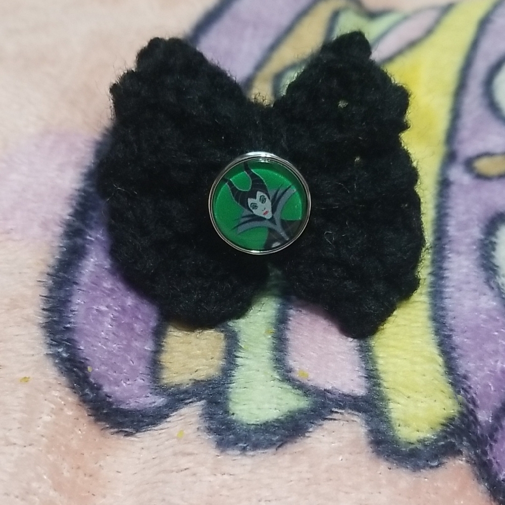 Handmade Black Crochet Bow with Villian Button